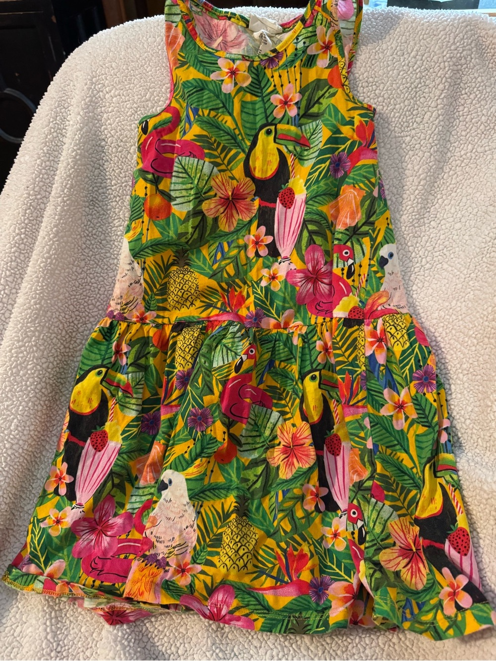 Tropical Jungle Toucan Floral Girls' Dress - Yellow Size 6 8 Years B2